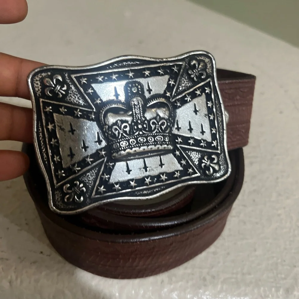 VNTG Genuine Brown Leather Belt Silver Buckle‎ Fit For a King Crown western
